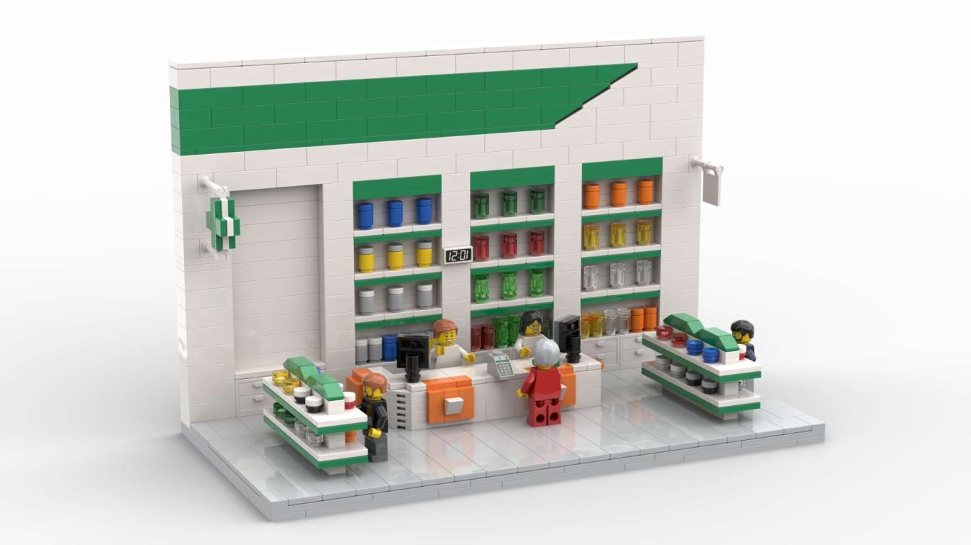 Farmacia de juguete con estantes llenos de colores y figuras de personas.
