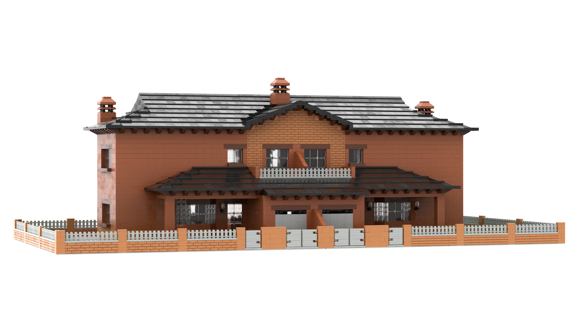 Casa de dos plantas con fachada de ladrillo y techos a dos aguas.