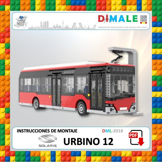 Instrucciones Solaris Urbino 12 Autobús Urbino 12 de juguete con instrucciones de montaje en un fondo de bloques de colores.