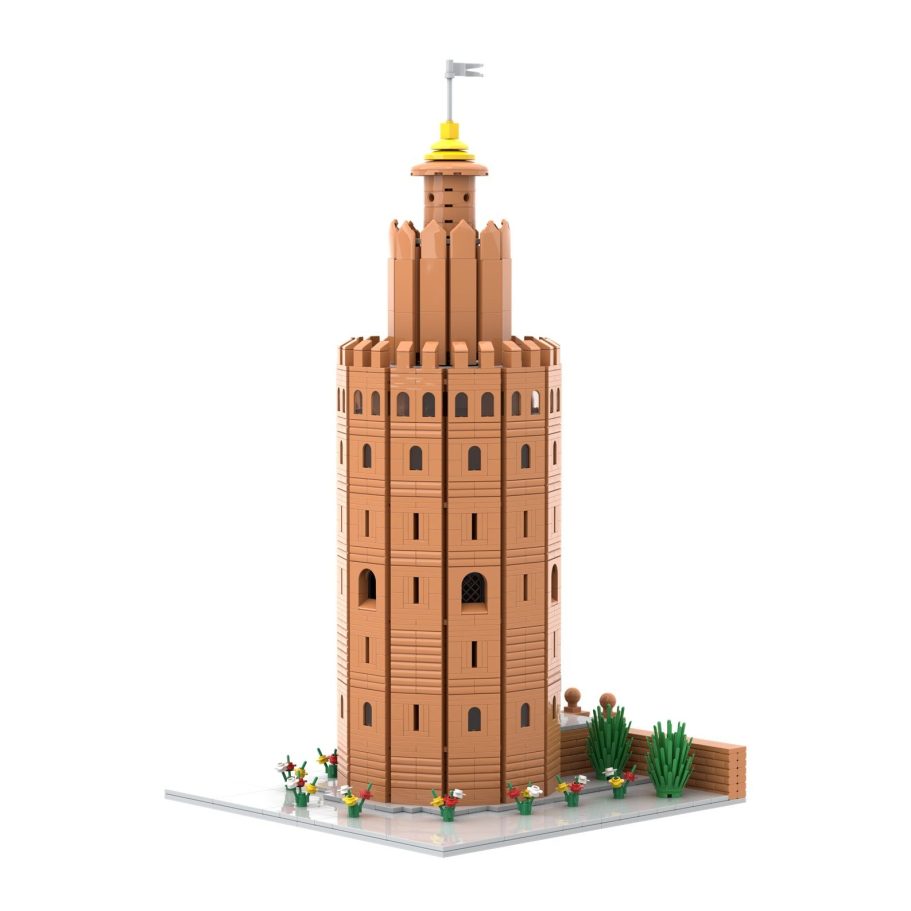 Torre alta de color marrón con detalles en amarillo y plantas alrededor.