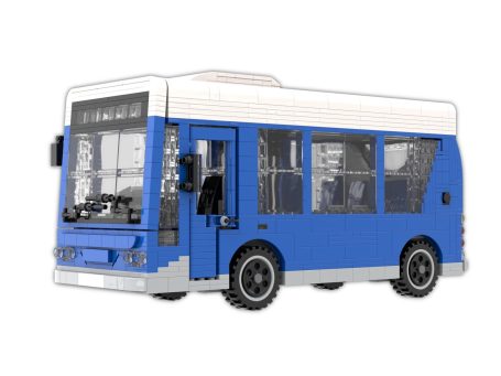 Autobús de juguete azul con detalles en blanco y ventanales transparentes.