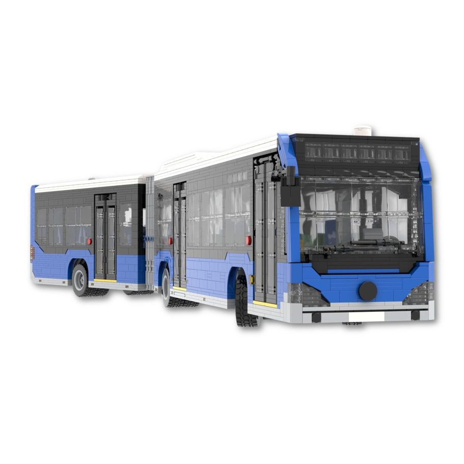 Autobús moderno de dos secciones, con diseño en azul y blanco.