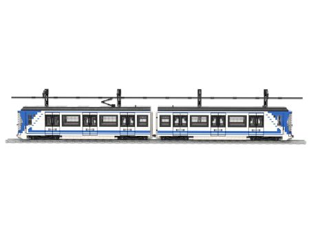 Tren CAF Serie 2000B Metro de Madrid de diseño moderno en colores azul y blanco, con dos secciones conectadas.