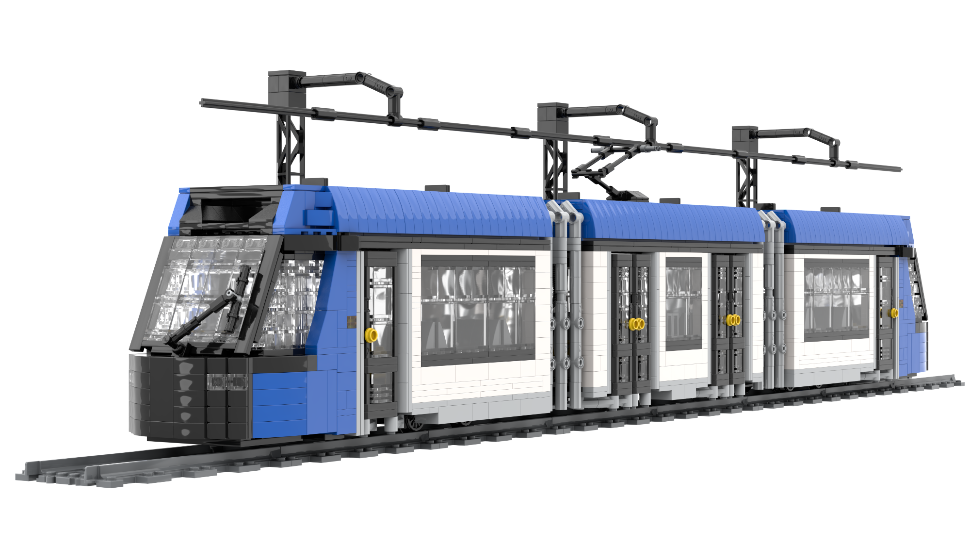 Tranvía moderno de color azul y blanco en las vías del tren.