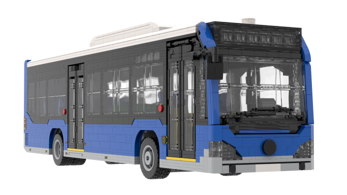 Autobús de juguete con diseño moderno en colores azul y negro.
