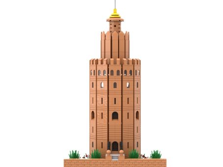 Torre de ladrillo con detalles dorados y vegetación alrededor.