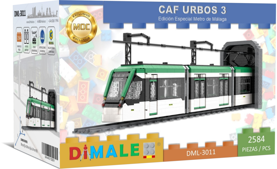 Tranvía CAF Urbos 3 Metro Málaga Lego MOC Maqueta de tranvía CAF Urbos 3 en caja colorida. Modelo de construcción.