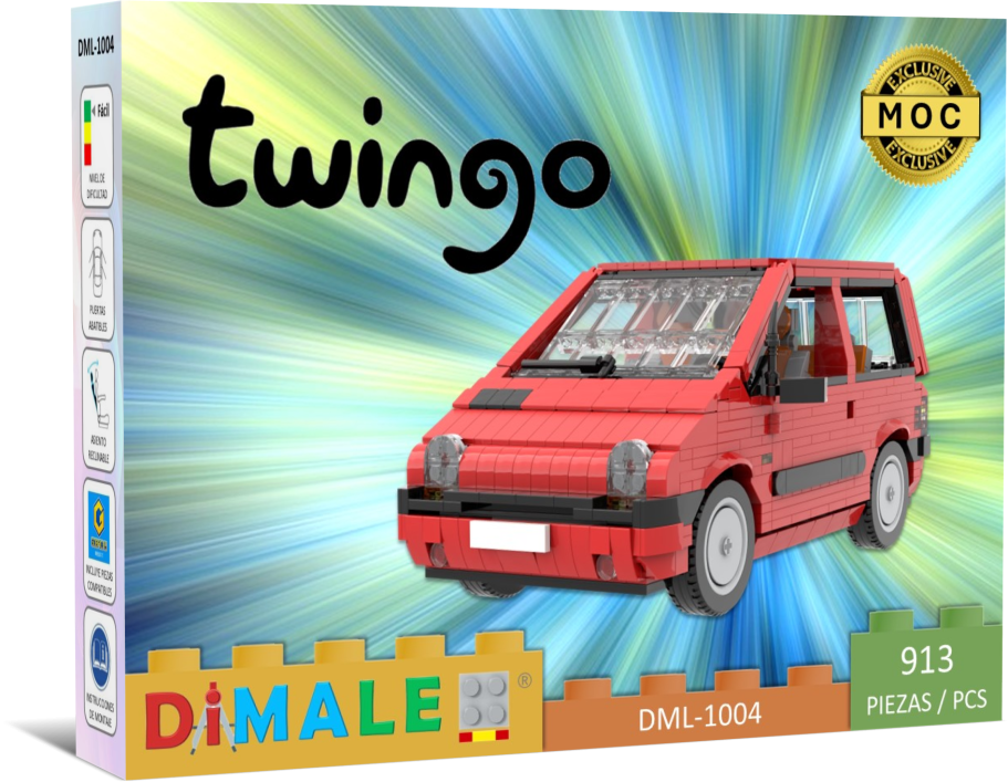 Coche Renault Twingo Lego MOC Modelo de coche rojo Twingo de bloques de construcción, con fondo colorido.