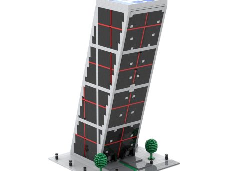 Edificio inclinado con paneles solares y árboles alrededor.