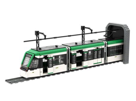Tren de juguete de estilo moderno CAF Urbos 3 Málaga, con puertas abiertas.