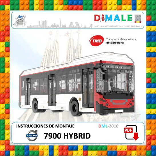 Instrucciones Volvo 7900 Hybrid Autobús híbrido de juguete con instrucciones de montaje en fondo de bloques de colores.