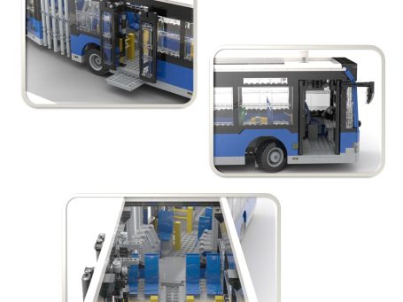 Autobús urbano azul con acceso para personas con movilidad reducida y detalles técnicos.