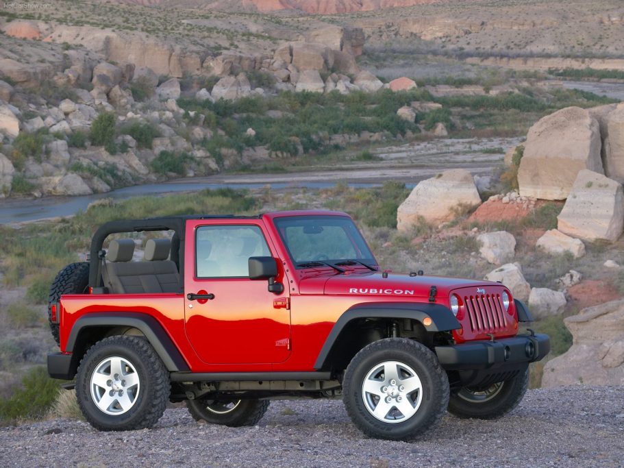 SUV rojo estacionado en un paisaje rocoso y desértico, con un camino al fondo.