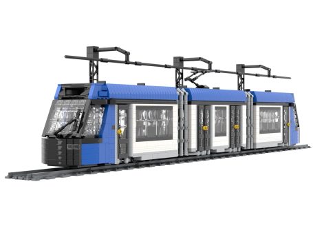 Tram moderno Alstom Citadis Compact azul y blanco con ventanas y postes de electricidad.