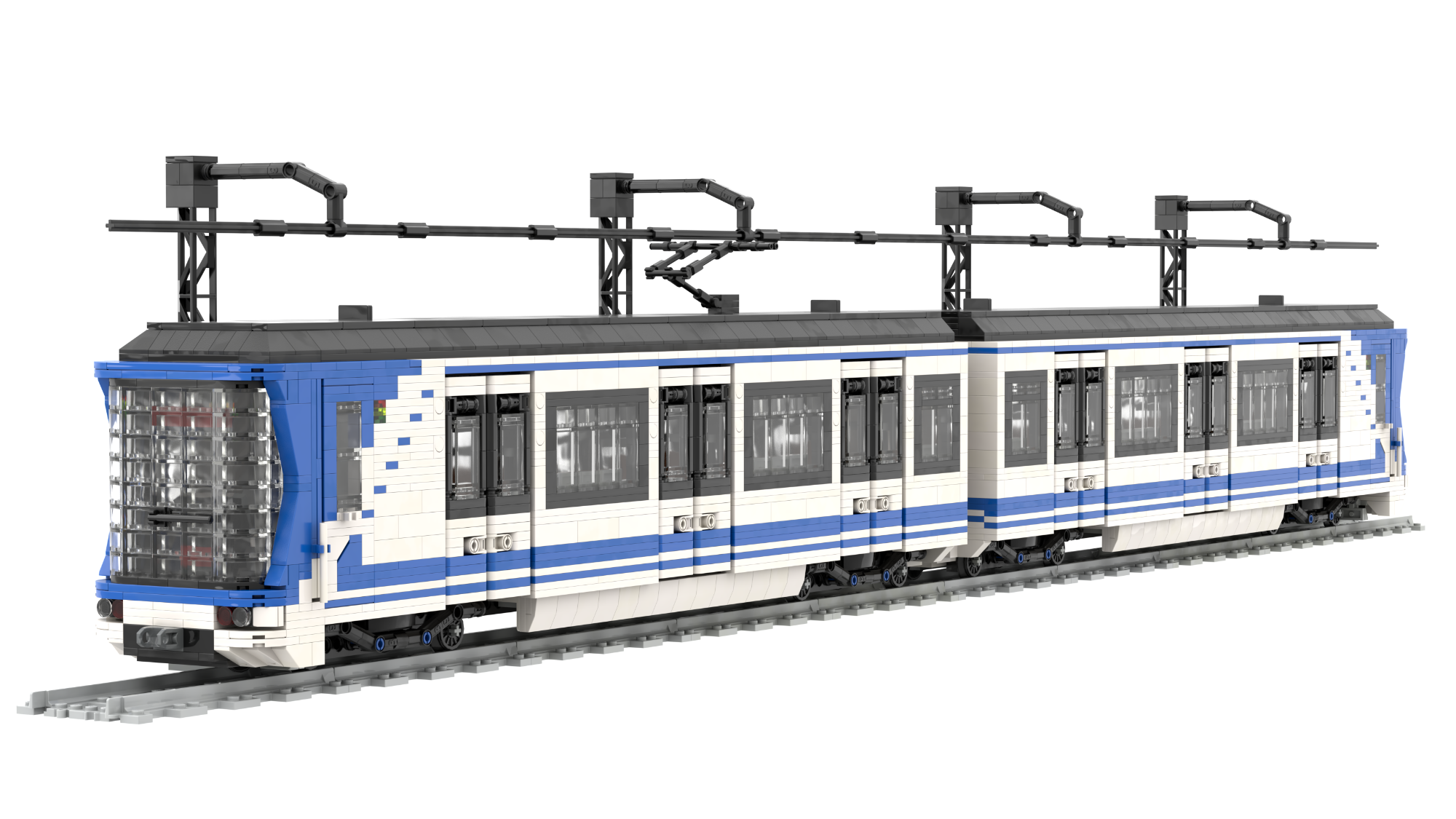 Tren de metro azul y blanco saliendo de un túnel.