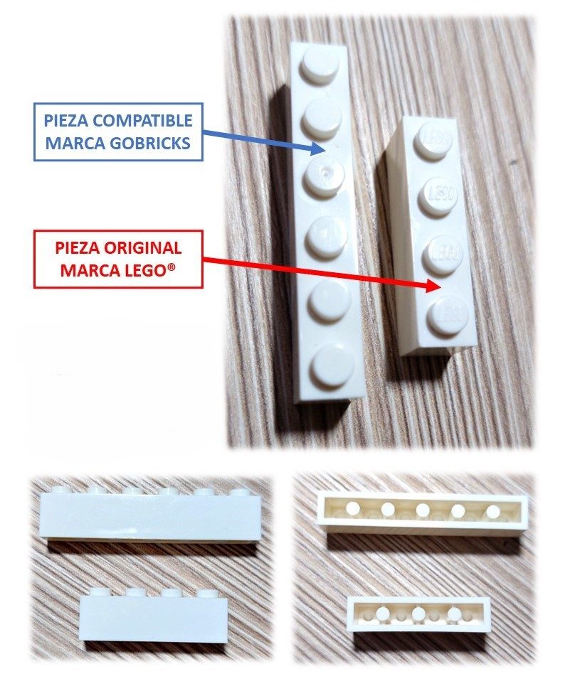 Comparativa de piezas de Lego: original y compatible, con detalles en blanco.