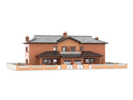 Casa de dos plantas con tejados a dos aguas y cercado naranja.