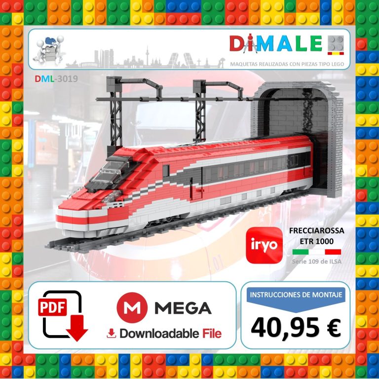 Tren de juguete rojo y blanco, con elementos de construcción y precios en la parte inferior.