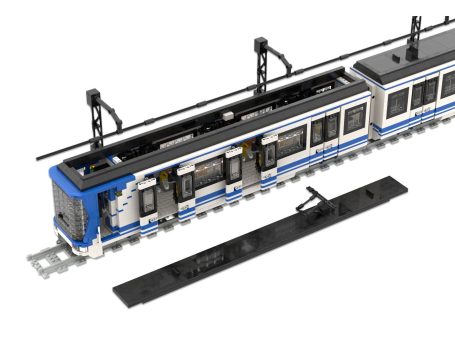 Tren CAF Serie 2000B Metro de Madrid con diseño azul y blanco, con vías de tren en la parte inferior.