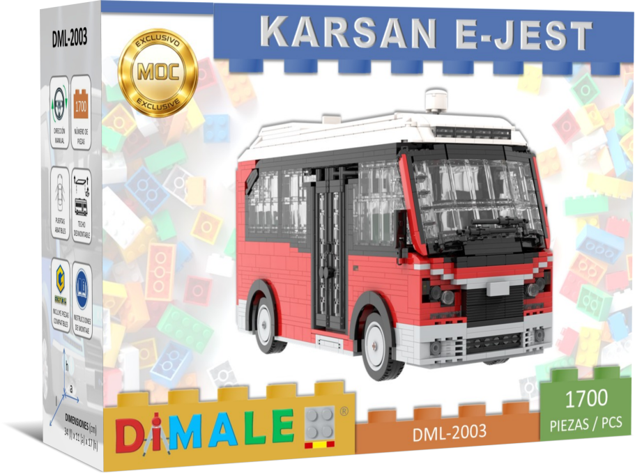 Minibús Karsan Ejest Lego MOC Maqueta de un autobús Karsan E-Jest en caja de bloques de construcción.