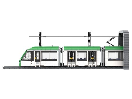 Tren modular de colores verde y blanco con detalles en la estación adjunta.