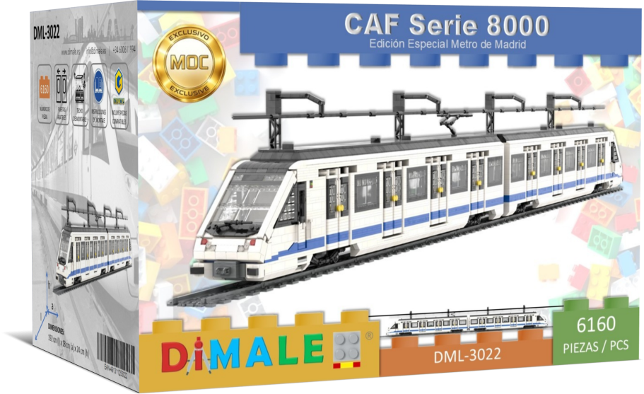 Tren Metro Madrid CAF S8000 Lego MOC Tren modelo CAF Serie 8000 en caja, con detalles en color blanco y azul.