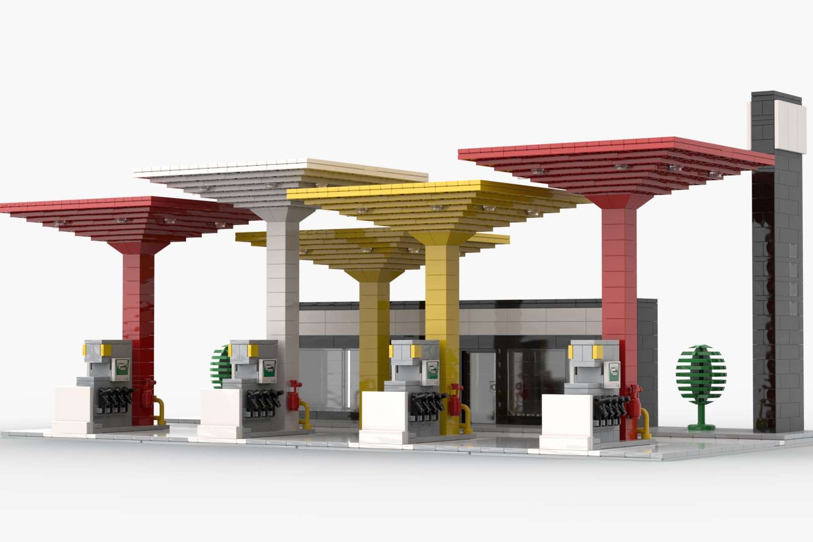 Estación de servicio con cuatro dispensadores de combustible bajo techos coloridos.