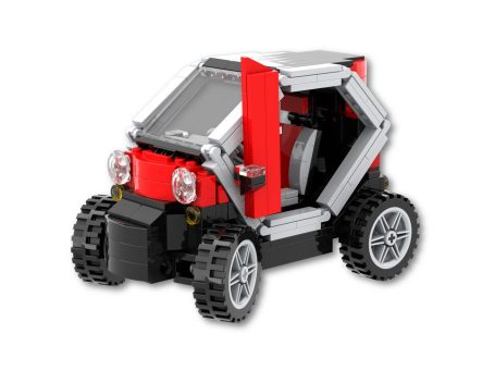 Mini coche de juguete construido con piezas de bloques, color rojo y gris.