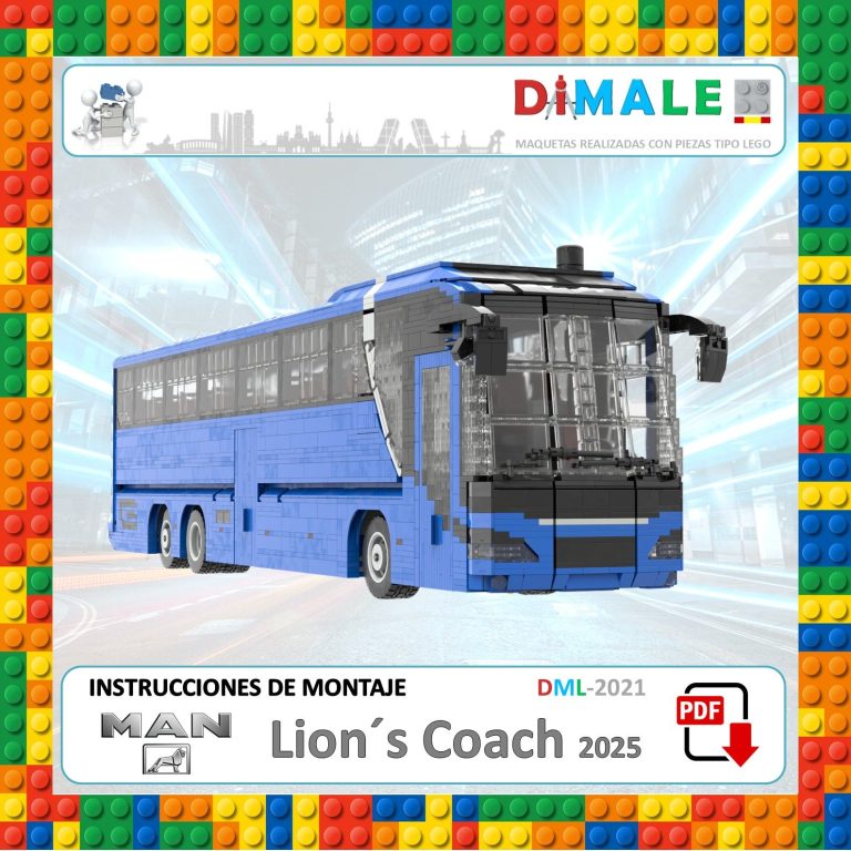 Autobús azul de juguete con instrucciones de montaje, modelo Lion's Coach 2025.