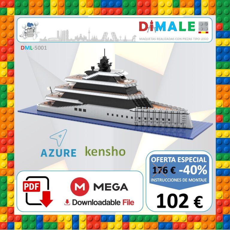 Yate de lujo modelo en construcción, con detalles en blanco y negro sobre fondo azul.