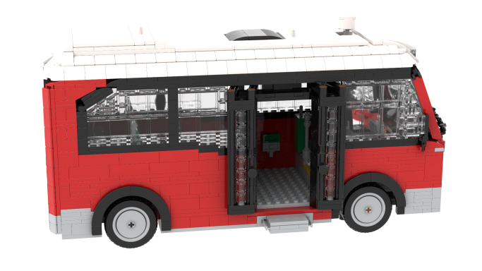 Autobús de juguete LEGO rojo con puertas abiertas y detalles en el interior.