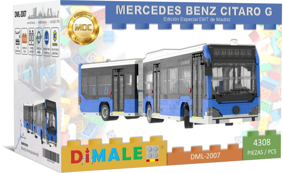 Autobús Mercedes Cítaro G NGT C2 Lego MOC Maqueta de autobús Mercedes Benz Citaro G en caja de presentación con bloques de construcción.