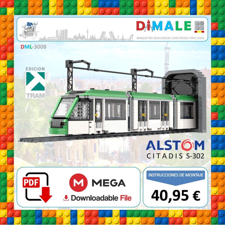 Tren modelo Alstom Citadis S-302 en formato de bloques de construcción.