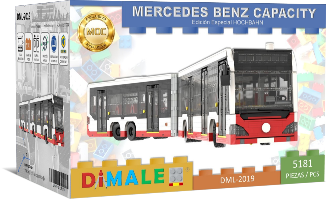 Caja del juguete de construcción Mercedes Benz Capacity L, incluye un autobús articulado.