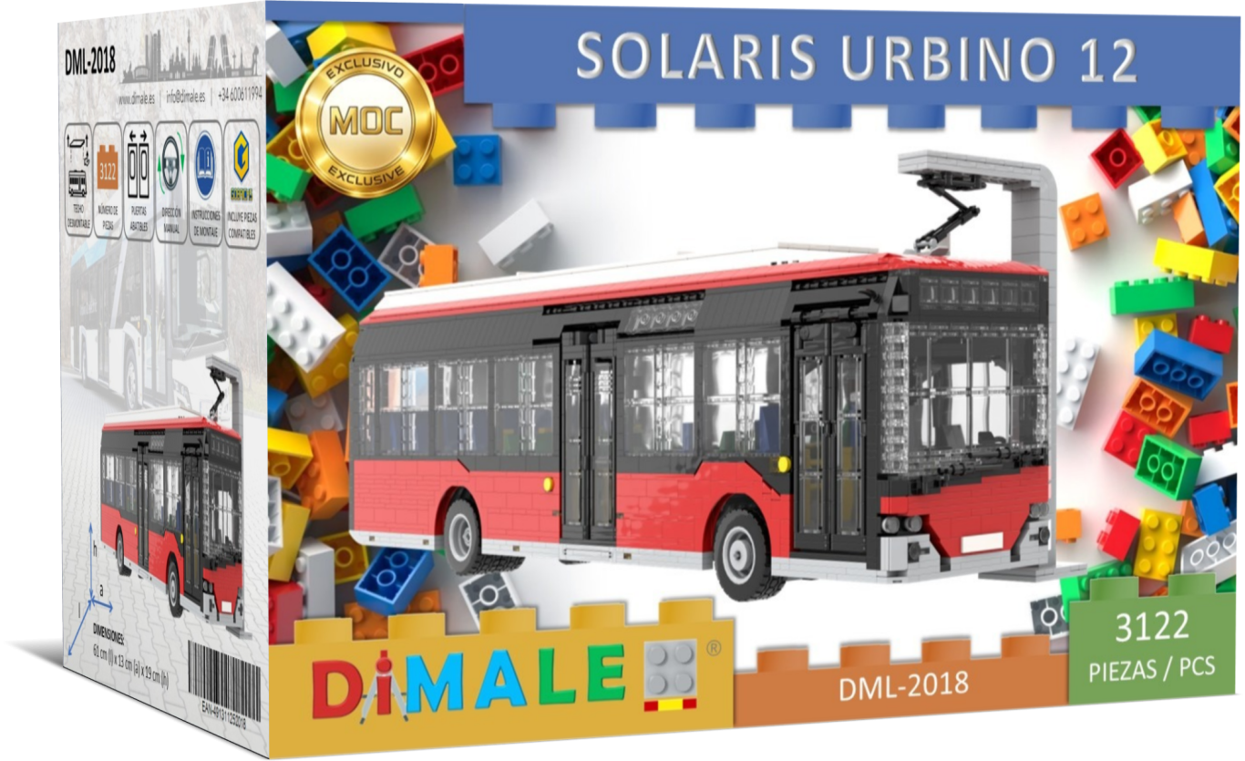 Maqueta de autobús Solaris Urbino 12 con bloques de construcción y caja de diseño colorido.