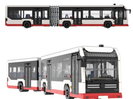 Autobús articulado de diseño moderno, con colores blanco y rojo, vista lateral y frontal.