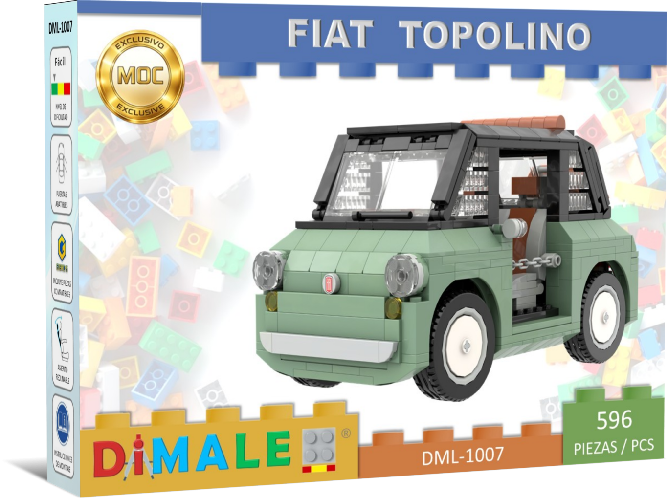 Modelo de LEGO de un Fiat Topolino en color verde, con detalles en blanco y marrón.