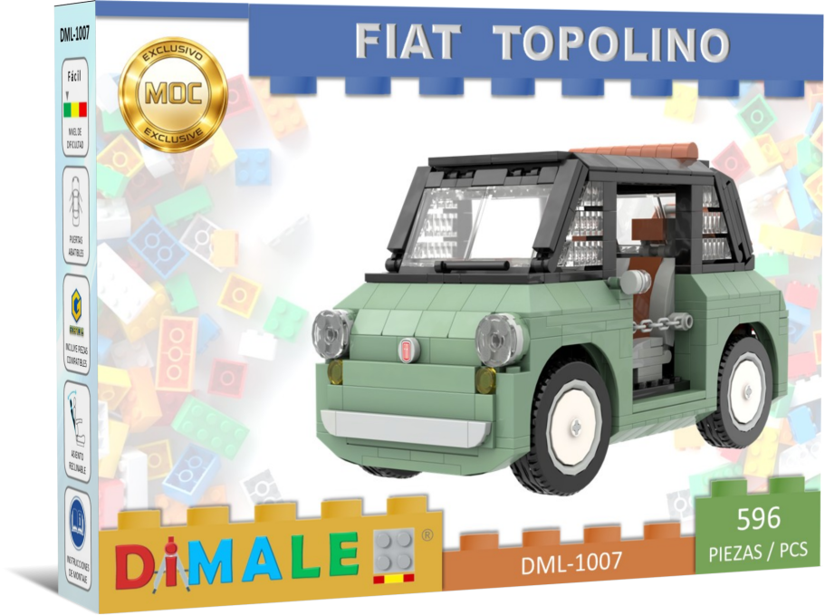 Cuadriciclo Fiat Topolino Dolce Vita Lego MOC Modelo de coche Fiat Topolino de bloques de construcción, en colores verde y blanco.