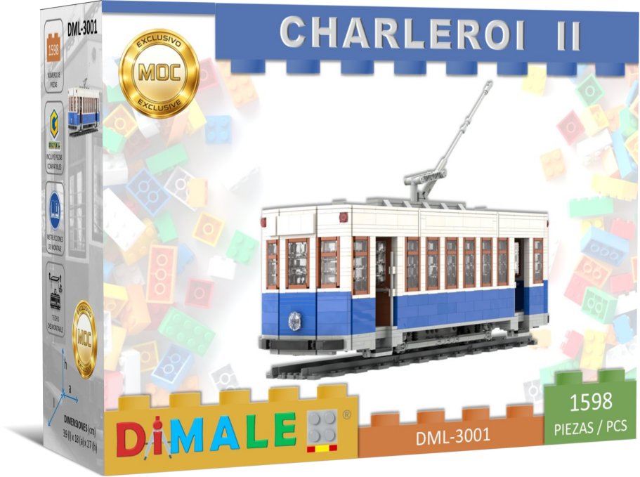 Tranvía Charleroi II Madrid Lego MOC Caja de un modelo de tranvía Charleroi II de bloques de construcción, color azul y blanco.