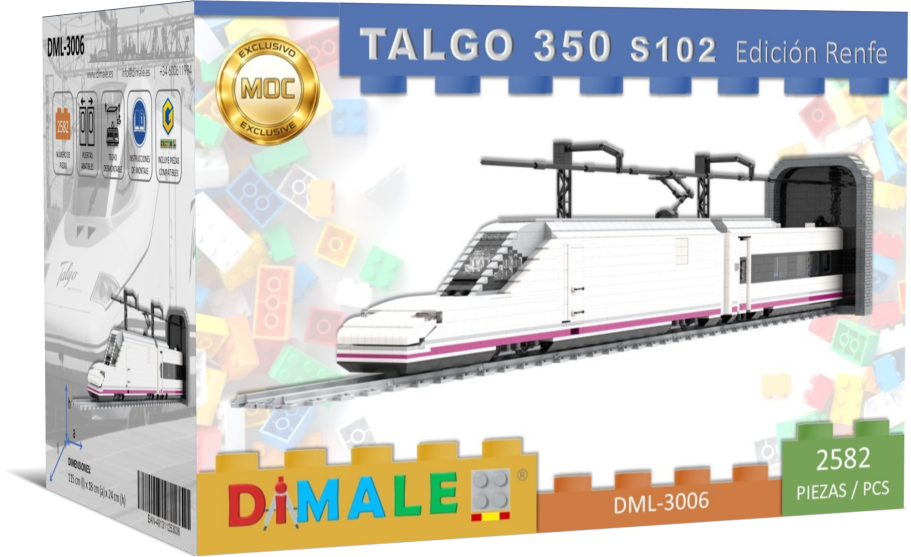 Tren Alta Velocidad Talgo 350 S102 Renfe Lego MOC Caja de tren modelo Talgo 350 S102 con vías y descripción del producto.