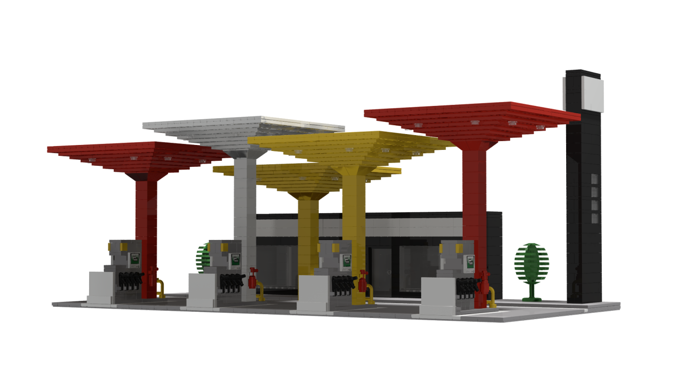 Estación de servicio moderna con techos coloridos y surtidores.