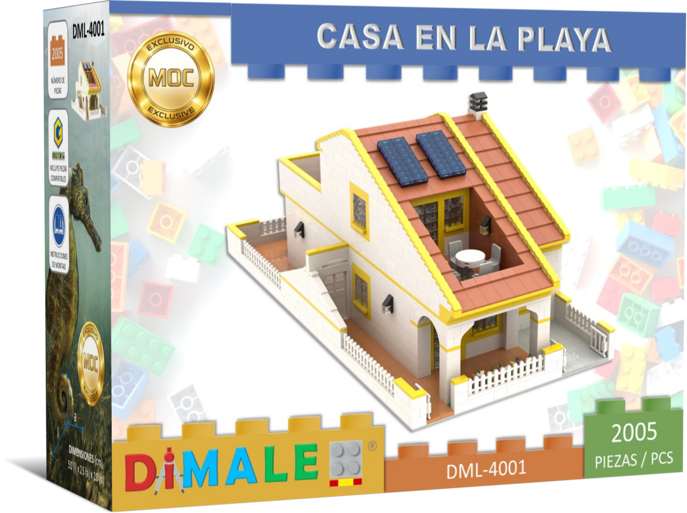 Caja de un set de construcción de una casa con paneles solares y un diseño colorido.