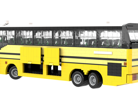 Autobús amarillo con ventanillas y puertas traseras, diseño moderno.