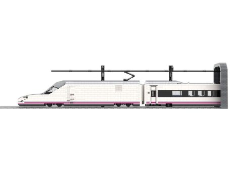 Tren de alta velocidad Talgo 350 S102 en un andén, con un diseño blanco y rosa.