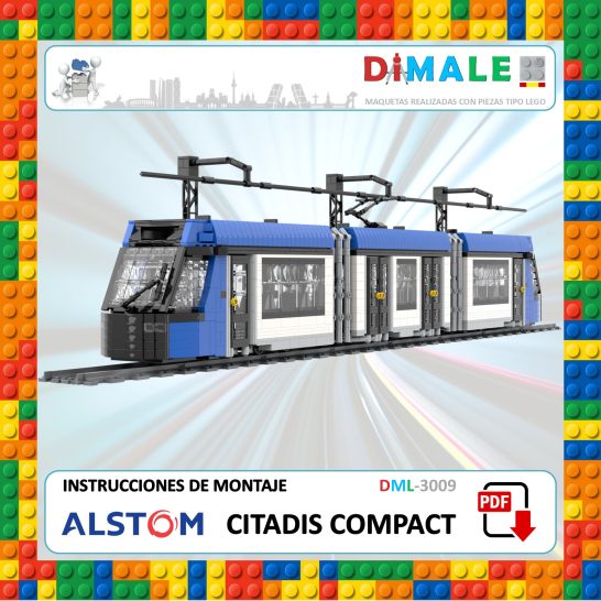 Instrucciones Alstom Citadis Compact Tram de juguete Citadis Compact de Alstom, instrucciones de montaje en fondo colorido.