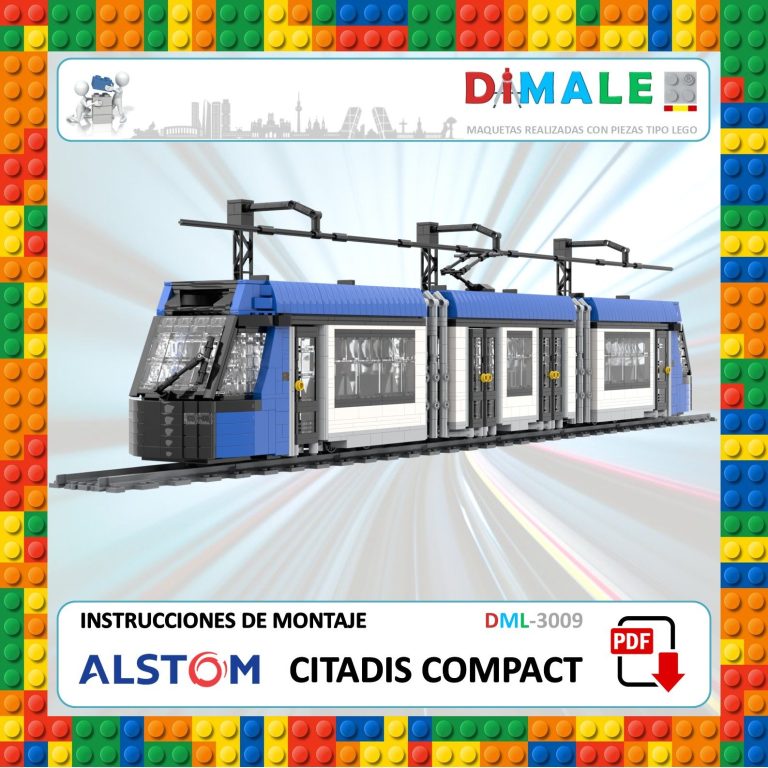 Tren ligero Citadis Compact de Alstom, con instrucciones de montaje en la esquina inferior.