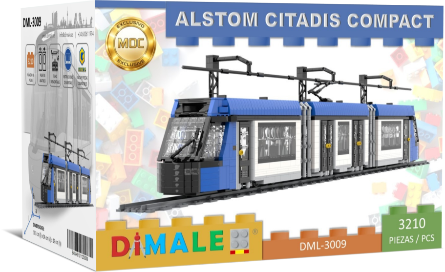 Tranvía Alstom Citadis Compact Lego MOC Modelo a escala de un tranvía Alstom Citadis Compact con colores azul y blanco.