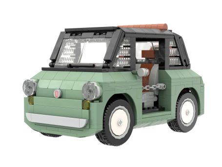 Coche de juguete de bloques de construcción, color verde con detalles en marrón.