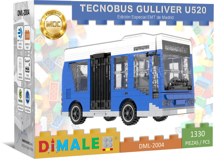 Minibús Tecnobús Gulliver U520 Lego MOC Modelo de autobús azul y blanco para construcción de bloques, con 1130 piezas.