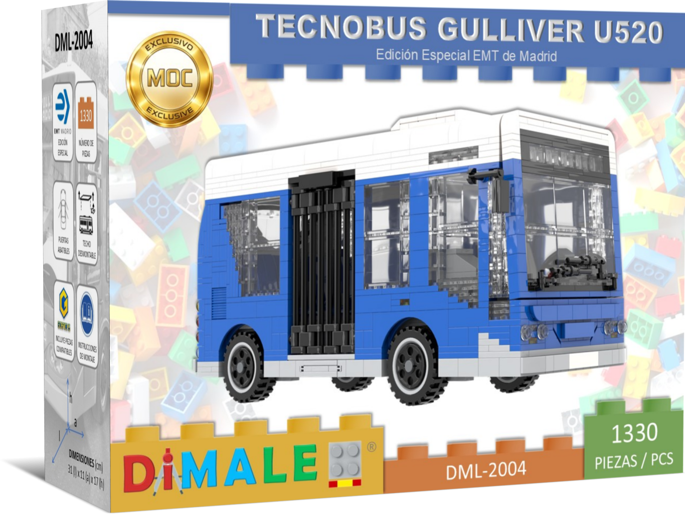 Maqueta del autobús Tecnobus Gulliver U520 en colores azul y blanco.